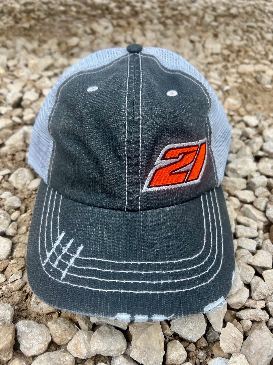 Dark Gray / Light Gray Mesh #21 Distressed Trucker Hat with Velcro Enclosure