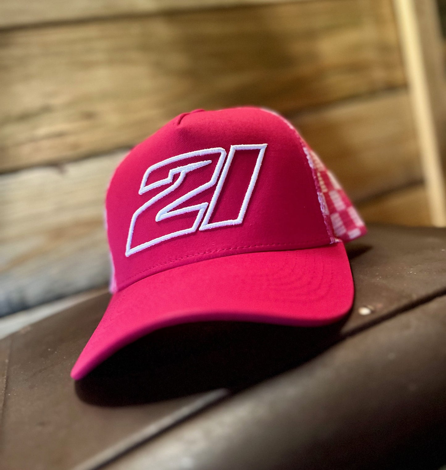 Hot Pink / Checkered Mesh #21 Embroidered Snapback Hat