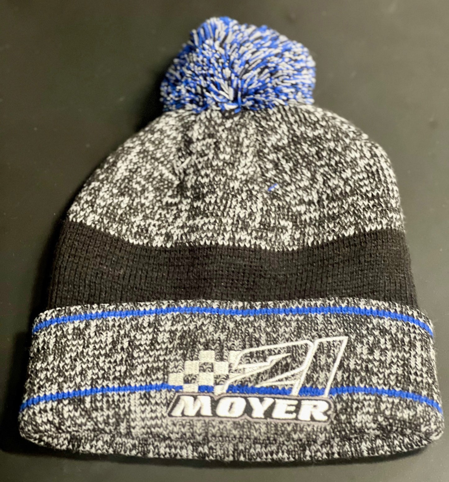 Gray / Black / Blue Striped Moyer #21 Checkers Logo Pom Pom Beanie
