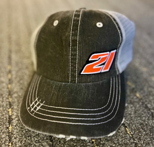 Dark Gray / Light Gray Mesh #21 Distressed Trucker Hat with Velcro Enclosure
